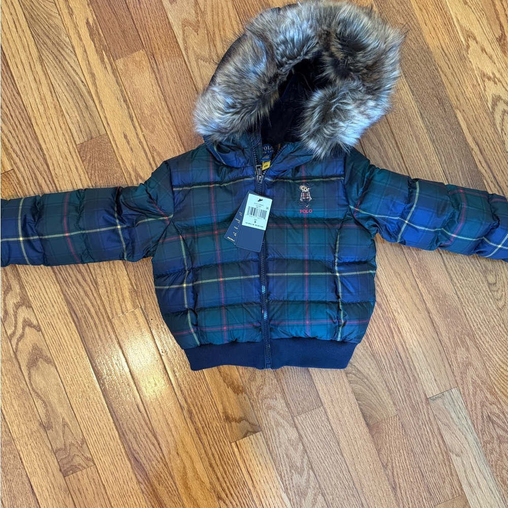 NWT Polo by Ralph Lauren Blue Plaid Jacket with Faux Fur Hood